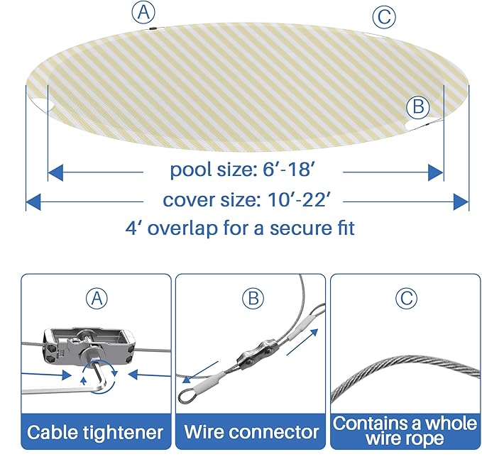 ECOOPTS 12 ft Round Pool Cover for Above Ground Pools, Swimming Pool Cover Protector Winter Safety Cover (Beige White Stripes)