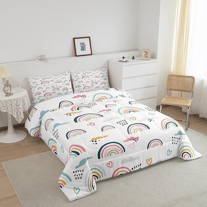 Erosebridal Rainbow Bedding Set for Kids Girls, Pink Love Heart Comforter Set Twin Size Cartoon Cloud Geometric Stripes Bedding Comforter for Boys Children Women Watercolor Art Girly Duvet Sets
