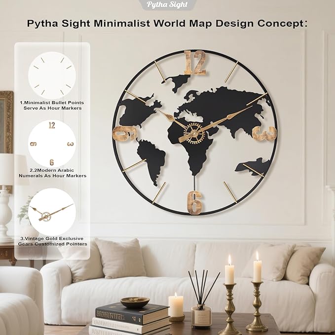 30 Inch Large Modern Decorative Metal World Map Wall Clocks Giant Extra Vintage Gold Arabic Numeral Oversized Wall Clock for Living Room,Office,Dining Room,Entryway,Fireplace