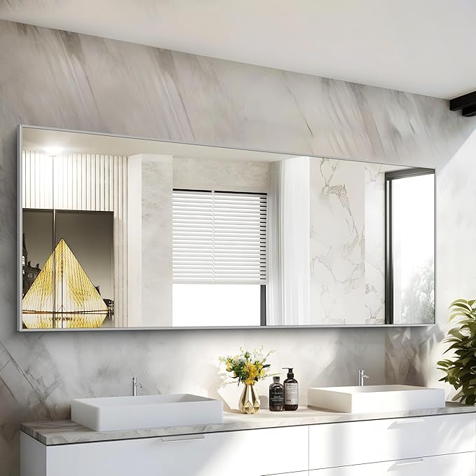 36x72inch Bathroom Mirror, Silver Rectangle Mirror with Thin Metal Frame, Large Rectangular Wall Mirrors for Bathroom, Living Roomm, Hair Salon, Big Farmehouse Mirror Hang Horizontal/Vertical