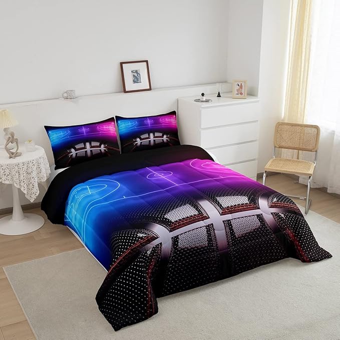 Erosebridal Sports Basketball Queen Comforter Set for Teen Boys Girls Neon Basketball Court Bedding Set,Ball Competitive Games Comforter Soft Lightweight Quilt Duvet Set 2 Pillow Cases Bedroom Decor