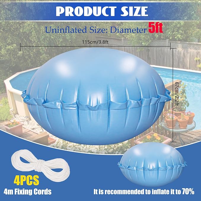 5ft Dia Pool Pillows, Pool Air Pillow, Inflatable Pool Pillows for Above Ground Pools, Winter Swimming Pool Closing Winterizing Kit with Ropes,PVC Ice Equalizer Pillow for Support Swimming Pool Covers