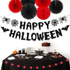 Red Black Happy-Halloween Party Decorations - 13PCS Spider Web Bats Streamers Banner ,Paper Flowers Lanterns Tissue Pom Poms Fans, Classroom Birthday Bachelorette Hanging Supplies Decor Hugfond