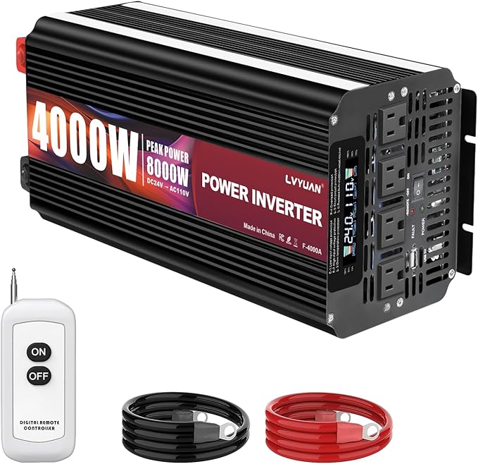 LVYUAN 4000 Watt Power Inverter 24V to 110V 120V for Vehicle, Solar Inverter System, Heavy Duty, RV, Truck, Off Grid,Camping with 4 AC Outlets, LCD Display, Wireless Remote Control, Car Power Inverter