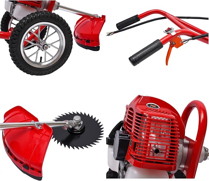 49CC 2 Stroke Walk-Behind Lawn Mower Brush Mower with Wheels 1.8Kw Gasoline Hand Push Grass Trimmer for Orchards Vegetable Fields Gardens Lawns, 3 Functions