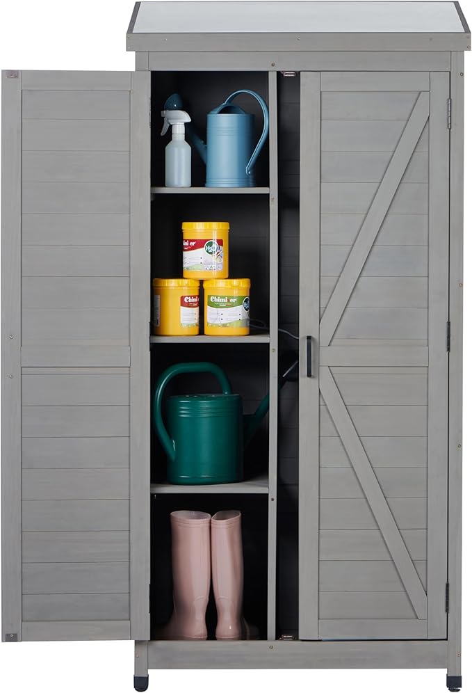68''x33''x20'' Outdoor Wooden Storage Shed with Metal Top Tall Vertical Tool Cabinet for Backyard Garden Patio Lawn (Grey)