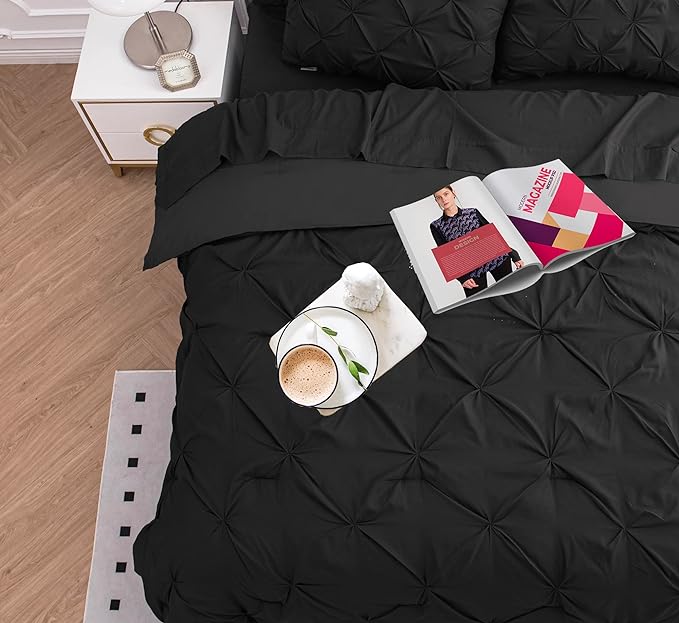 LANE LINEN Queen Comforter Set, 7 Piece Queen Bed Set, Soft Bedding Queen Size, Pintuck Queen Bed in a Bag Set, Black Comforter Queen, Queen Bed Comforter Set with Sheets, Pillowcases & Shams - Black