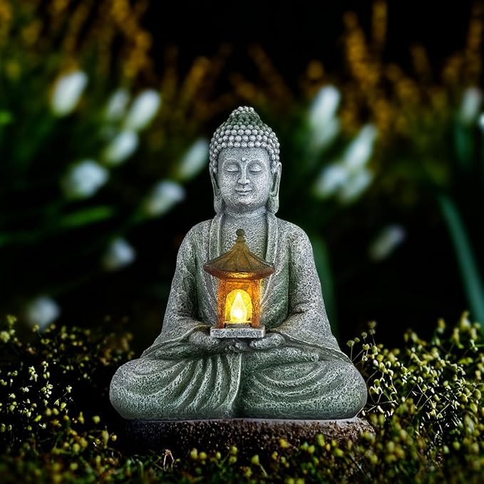 Buddha Garden Statue with Solar Light, Resin Zen Decor for Outdoor Patio or Indoor Meditation, Spiritual Gift for Women and Friends (Grey Pavilion)