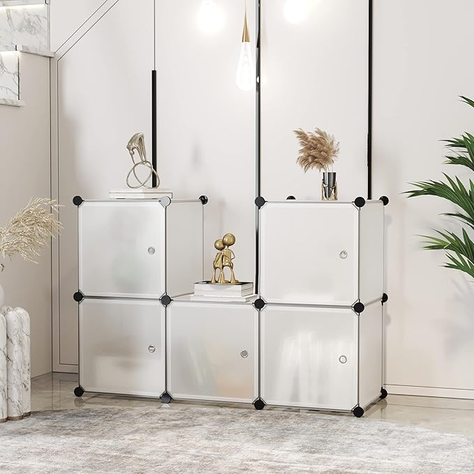 C&AHOME Cube Storage Organizer with Doors, 6-Cube Shelves, Closet Cabinet, DIY Plastic Modular Bookshelf Ideal for Bedroom, Living Room, 36.6”L x 12.4”W x 36.6”H White USBTM3006B-DOOR