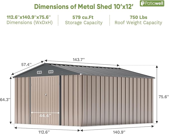 Patiowell 10 x 12 FT Metal Storage Shed for Outdoor, Steel Yard Shed with Design of Lockable Doors, Utility and Tool Storage for Garden, Backyard, Patio, Outside use,Brown
