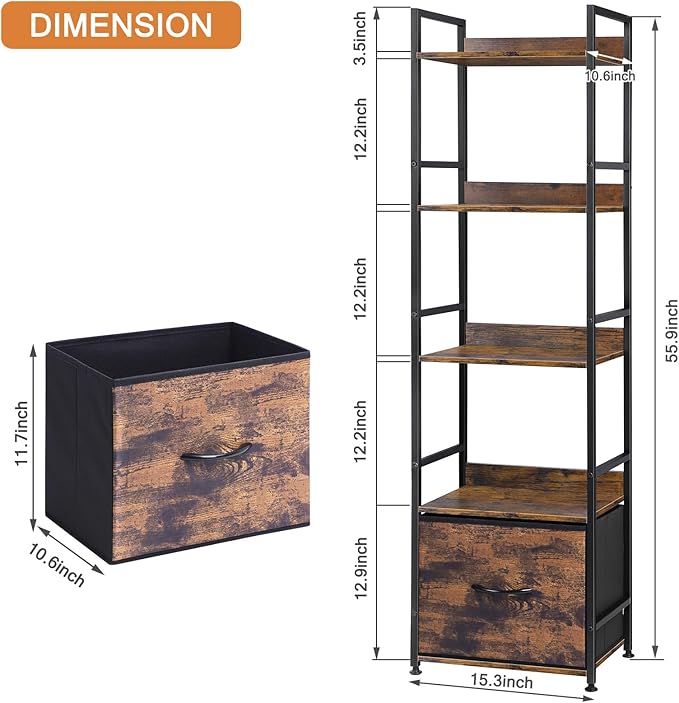 5 Tier Bookshelf with Storage, Bookcase with Drawers, Storage Shelves for Living Room / Home Office, Wood Shelves & Metal Shelf Organizer, Book Shelf for Bedroom, Tall & Ladder Bookshelf, Brown