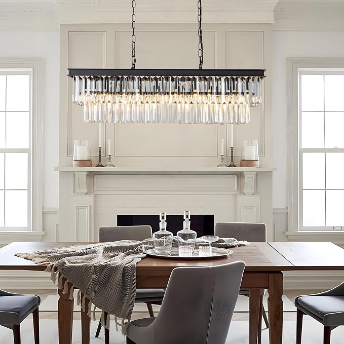Black Crystal Chandelier for Dining Room Light Fixture Rectangle Modern Farmhouse Chandelier Contemporary Pendant for Kitchen Island Living Room Long Chandelier Rectangular Lighting