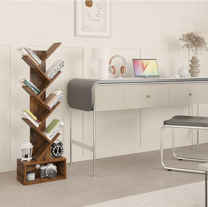 YMYNY 6 Tier Tree Bookshelf, Tall Bookcase, Wood Book Storage Rack with Drawer, Modern Floor Standing Book Shelf for Books/Movies/CDs, Utility Organizer for Living Room, Office, Rustic Brown UHBC016H