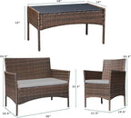Greesum Patio Furniture 4 Pieces Conversation Sets Outdoor Wicker Rattan Chairs Garden Backyard Balcony Porch Poolside loveseat with Soft Cushion and Glass Table, Brown and Gray
