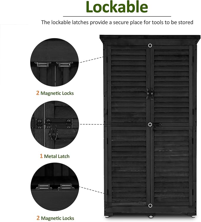 MCombo Outdoor Storage Cabinet, Garden Storage Shed, Outside Vertical Shed with Lockers, Outdoor 63 Inches Wood Tall Cabinet for Yard and Patio 0870 (Black)
