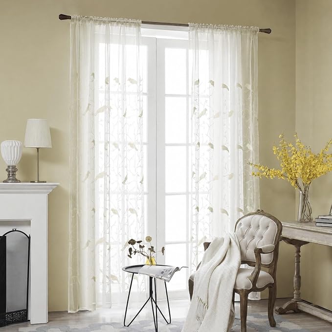 White Rod Pocket Sheer Curtains 96 inches Length, Birds Embroidered Window Curtain Sheer Voile Panels for Living Room & Bedroom, 60x96, Two Panels