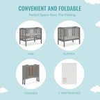 2-in-1 Portable Folding Stationary Side Crib in Storm Grey, Greenguard Gold Certified, Two Adjustable Mattress Height Positions,Made of Solid Pinewood, Flat Folding Crib