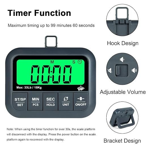 QP Wireless Food Scale, 33lb/0.04oz Digital Kitchen Scale, Meat Scale with Timer Function, 9 Units, Tare/Hold/PCS Function, Auto Off, LCD Display, Digital Food Scale for Cooking, Baking, Postage