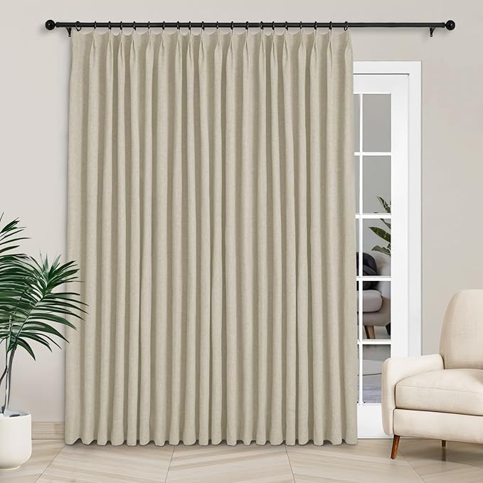 Macochico Extra Wide Full Blackout Linen Curtains for Sliding Door Beige Pinch Pleated Linen Curtains 96 Inches Long for Bedroom Living Room Farmhouse with Tieback 120”Wx96”L 1 Panel