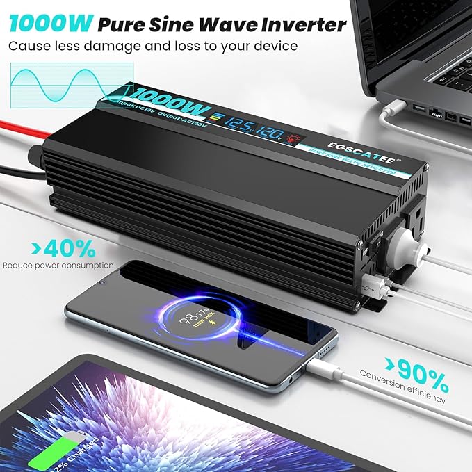 1000W Pure Sine Wave Inverter - 12V DC to 110V/120V AC Car Power Converter with 2 AC Outlets, USB Port, Type-C Port, LCD Display Power Inverter for Car, Truck, Home, Vehicles, Laptop