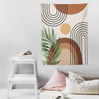Abstract Bohemian Mid Century Tapestry, Tropical Leaves Modern Geometric Archway Minimalist Bohemian Botanical Aesthetic Wall Hanging, Sage Green Gold Home Decor Art for Bedroom 40x60 Inch