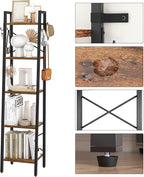 YMYNY 5 Tiers Ladder Bookcase, Industrial Narrow Bookshelf, Open Display Rack with 4 S Hooks, Metal Storage Shelves for Bedroom, Home Office, Living Room, Rustic Brown, 63H*13.4L*11.8W, UHBC025H