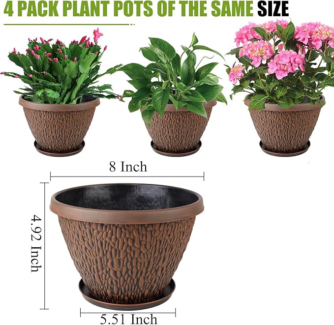 4 Pack Plant Pots Outdoor Indoor, 8 Inch Small Flower Pots with Drainage Hole & Tray, Thickened Plastic Outdoor Planters for Garden House Decor - Pebbles Pattern Design
