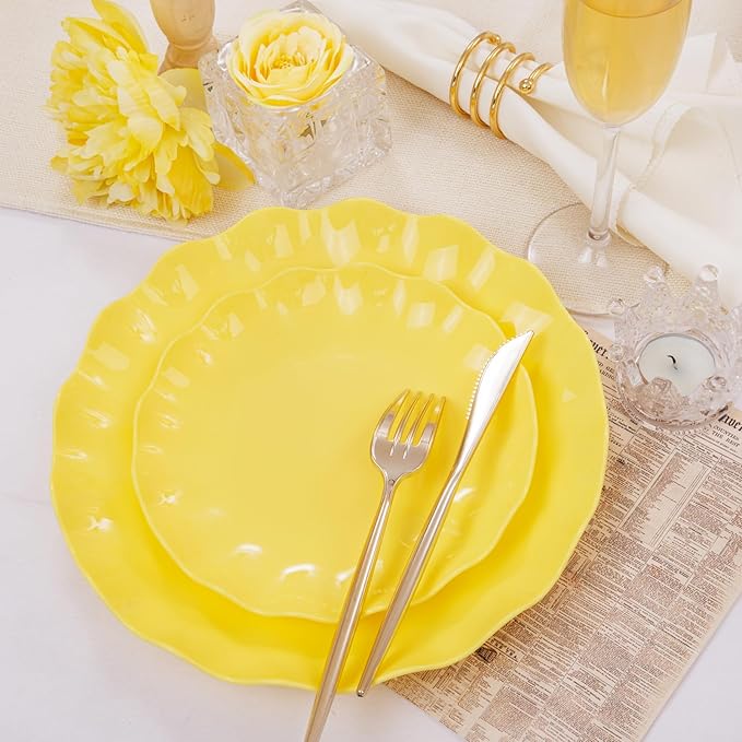 LIYH 24 Pcs Yellow Plastic Plates Reusable, Unbreakable Dinner Plates, Salad Plate, Microwave & Dishwasher Safe, Plate Sets Perfect for Parties,Birthday,Picnics (12guests)