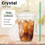 Baderke 25 Set Plastic Cups with Lids and Straws, Disposable Plastic Iced Coffee Cup for Cold Beverage Juice Smoothie Crystal for Coffee Shops Party Catering(Clear,16 oz)