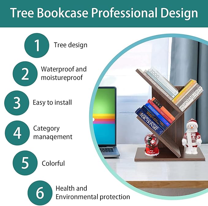 Tree Bookshelf, 3-Tier Small Book Storage Organizer Shelves Floor Standing Bookcase, Wood Storage Rack for Office Home School Shelf Display for Cd/Magazine（Dark Walnut ）