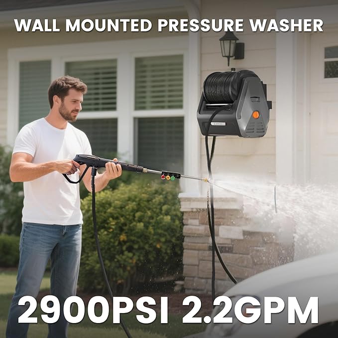 Giraffe Tools Grandfalls Pressure Washer G30B, Max 2900 PSI, 2.2 GPM, Electric Wall Mounted Pressure Washer with 100ft Black Pressure Hoses, Foam Cannon, 4-Nozzles for Car/Driveways, Dark Silver