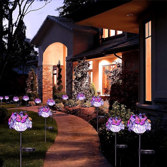 Outdoor Solar Lights 2 Pack, Solar Garden Lights with 18 Butterflies Decoration Outdoor Lamps, Waterproof Butterfly Flower Lights for Patio Yard Lawn Garden Decor, Gifts for Mom Women
