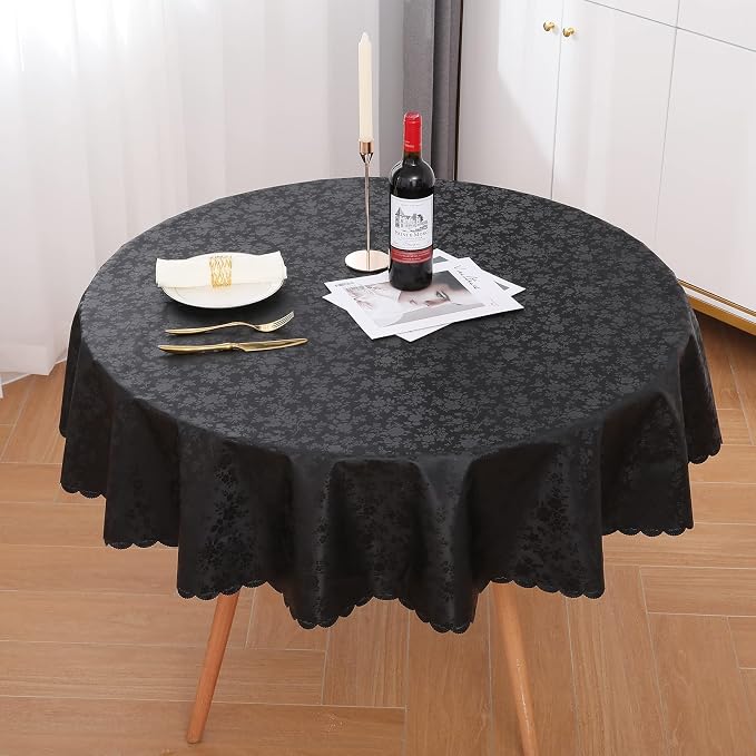 Smiry Round Waterproof Heavy Duty Vinyl Tablecloths, 60 x 60 Inch | Wipeable Washable Floral Embossed Table Cover for Kitchen and Dining Room, Indoor & Outdoor Use, Black