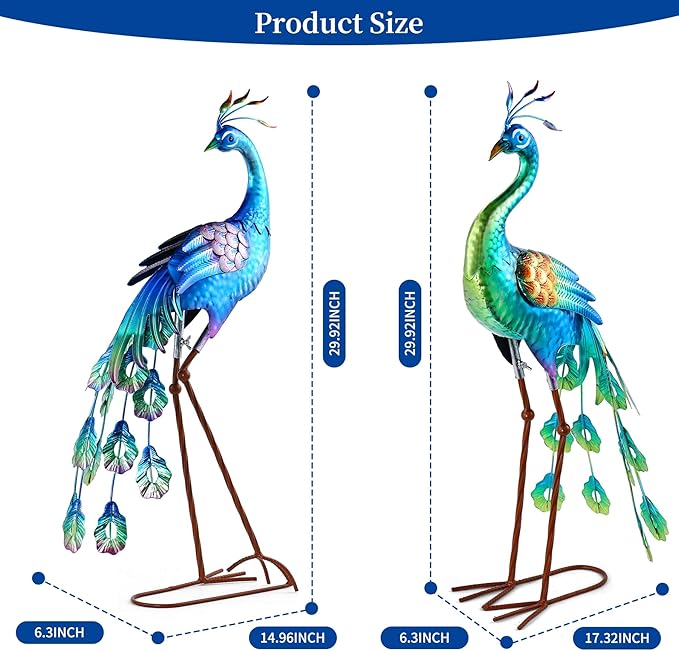 chisheen Metal Peacock Statue Garden Decor Yard Art Decoration Outdoor Sculpture,Set of 2,Housewarming Birthday for Women Mom