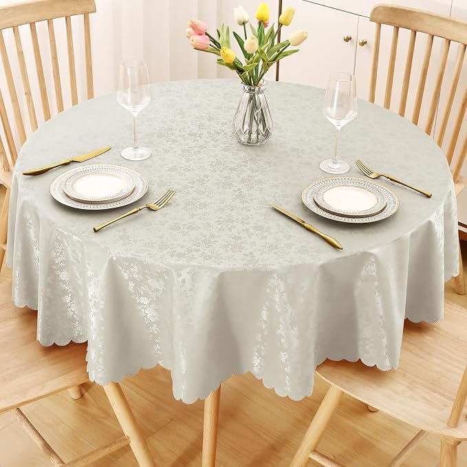Smiry Round Waterproof Heavy Duty Vinyl Tablecloths, 60 x 60 Inch | Wipeable Washable Floral Embossed Table Cover for Kitchen and Dining Room, Indoor & Outdoor Use, Sand