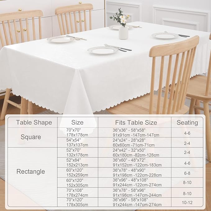 Smiry Rectangle Table Cloth, Waterproof Heavy Duty Vinyl Tablecloths, Wipeable Washable Table Cover for Kitchen and Dining Room (White, 60" X 84") | Wipeable Washable Floral Embossed Table Cover for Kitchen and Dining Room, Indoor & Outdoor Use, White