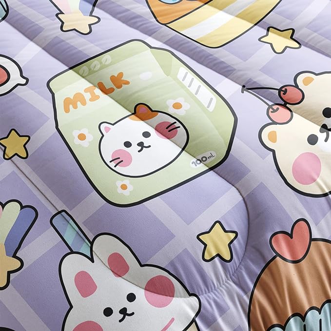 Kawaii Bear Comforter Set for Kids Teens Girls Women,Purple Bear Kids Comforter,1 Comforter with 2 Pillowcase, Microfiber 3 Piece Bedding Set,for All Seasons(Purple，King Size)