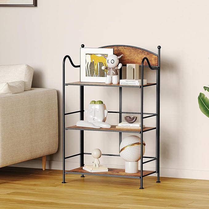 Folding Bookshelf No Assembly, 3 Shelf Black Folding Bookcase,Industrial Small Metal Corner Display Book Shelf with Storage Shelves for Bedroom,Living Room, Home Office Organization