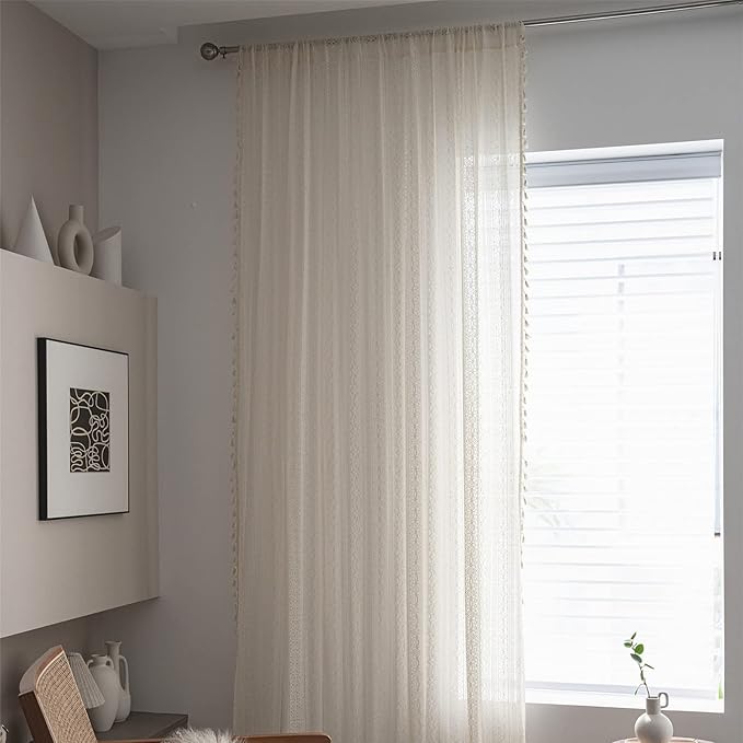Sutuo Home Boho Curtain Crochet Lace Semi-Sheer Florals Hollow Knitted Handmade Tassels, Rod Pocket Window Treatment Vintage Rustic Farmhouse Drapes for Living Bedroom, 1 Panel 59" W x 108" L, Beige