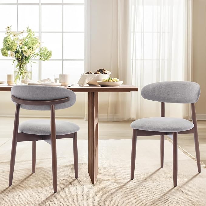 COLAMY Wooden Dining Chairs Set of 2, Modern Fabric Upholstered Dining Room Chair, Farmhouse Kitchen Chairs with Foot Pegs, Light Grey