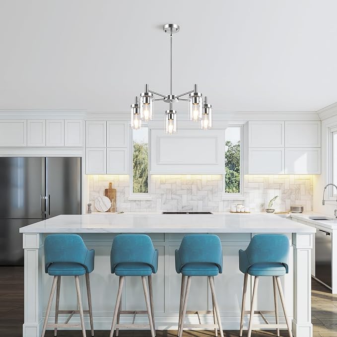 5 Lights Brushed Nickel Modern Farmhouse Chandelier for Dining Room with Glass Shade, Pre-Wired Height Adjustable Pendant Ceiling Lighting Fixture for Dining Living Room Bedroom Kitchen Foyer