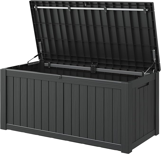 Outdoor Storage Box, 120 Gallon Deck Box, Resin Waterproof Outside Storage Bench, Outdoor Storage Cabinet With Lockable Lid, Backyard Deck Box For Garden Tools, Patio Cushions, Pool Accessories