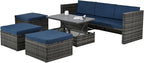 Modular Rattan Outdoor Sectional Furniture, Wicker Conversation Patio Sets with Plywood Coffee Table and Lounger Sofa for Backyard, Db-Navy Blue