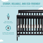 Aden 4-in-1 Convertible Mini Crib In Black, Greenguard Gold Certified, Non-Toxic Finish, New Zealand Pinewood, With 3 Mattress Height Settings