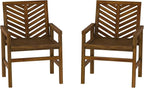 Walker Edison 2 Piece Outdoor Patio Chevron Wood Chair Set All Weather Backyard Conversation Garden Poolside Balcony, Set of 2, Dark Brown