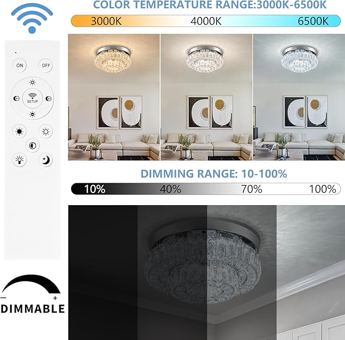 11.8" LED Chandelier 2-Layer Crystal Ceiling Light Fixture with Remote Control Flush Mount Chandelier Light for Hallway Bedroom Living Room Kitchen Foyer(dimmable)