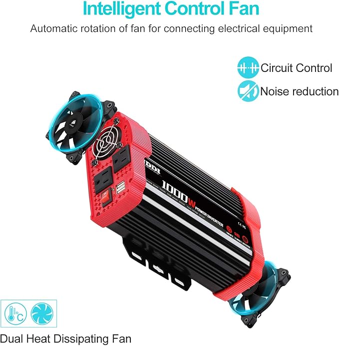 1000W Car Power Inverter, DC 12V to AC 110V Car Inverter with Dual AC Outlets and Dual 3.1A Quick Charging USB Port Car Adapter