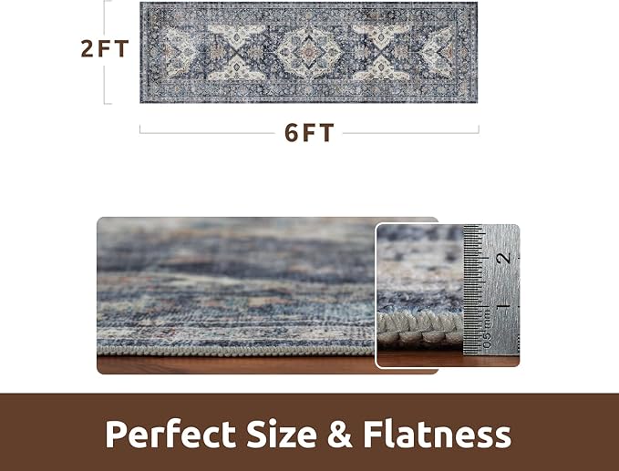 AMOAMI-2X6 Runner Rug-Washable Runners for Hallways-Soft Non Slip Bedside Rugs for Bedroom-Vintage Long Rug for Hallways Entryway Laundry Room Stair Kitchen Bathroom Blue