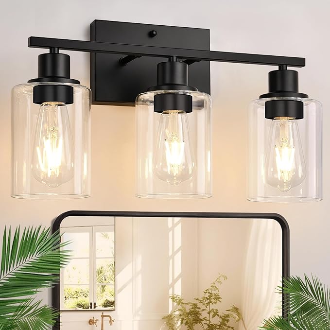 3 Light Bathroom Light Fixtures, Matte Black Modern Vanity Lights with Clear Glass Shade, Bathroom Wall Lamp for Mirror Kitchen Living Room Hallway Cabinet Porch