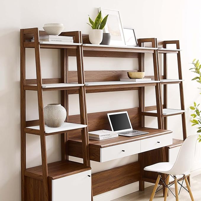 Modway Bixby 3-Piece Home Office Desk and Bookshelf Display Case in Walnut White